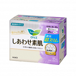 Супертонкие гигиенические прокладки KAO "Laurier" Happy Skin Ventilation Super Slim, с крылышками, длина: 25см, в упаковке 17шт.