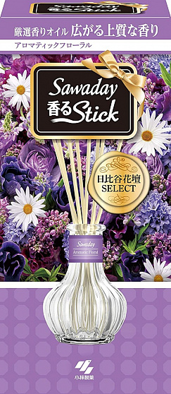 Натуральный аромадиффузор для дома KOBAYASHI Sawaday Stick Parfum Aromatic Floral, с цветочно-цитрусовым ароматом, стеклянный флакон 70мл, 8 палочек