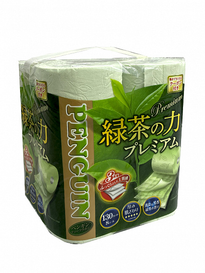Туалетная бумага трёхслойная MARUTOMI TISSUE Penguin The Power of Green Tea Premium 8 Rolls Triple, с ароматом зеленого чая, 8 рулонов