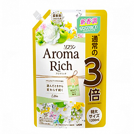 Кондиционер для белья LION Aroma Rich Ellie, с ароматом зеленого яблока, персика, ландыша и розы, мягкая упаковка с колпачком, 1200 мл