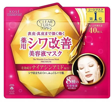 Тканевая маска для лица против морщин KOSE Clear Turn The Wrinkle Care Mask с ниацинамидом и 8 видами увлажняющих ингредиентов, 40 шт.