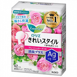 Ежедневные гигиенические прокладки KAO Laurier Beautiful Style Deodorant Plus с дезодорирующим эффектом и ионами серебра, с ароматом свежих роз, длина 14 см, 62 шт.
