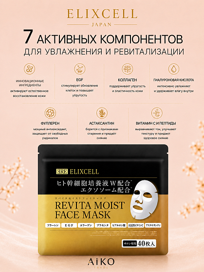 Профессиональные восстанавливающие тканевые маски для лица ELIXCELL Revita Moist Face Mask, 40 шт.