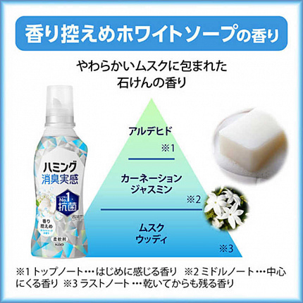 Кондиционер-ополаскиватель для белья KAO Humming Feeling White Soap, с антибактериальным эффектом, с нежным ароматом цветочного мыла, 510мл