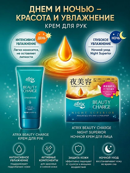Ночной питательный крем для рук KAO Atrix Beauty Charge Night Superior с экстрактом маточного молочка и пантенолом, аромат лечебных трав, 98 г