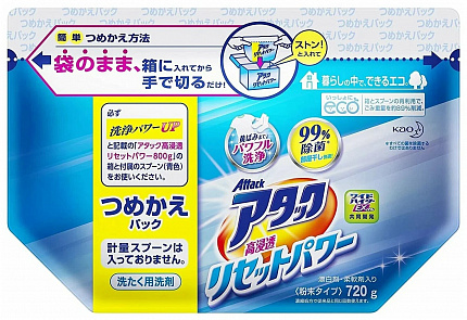 Стиральный порошок с кондиционером, пятновыводителем и антибактериальным эффектом KAO Attack Highly Penetrating Reset Power, сменный блок, 720 г
