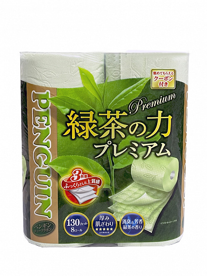 Туалетная бумага трёхслойная MARUTOMI TISSUE Penguin The Power of Green Tea Premium 8 Rolls Triple, с ароматом зеленого чая, 8 рулонов