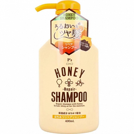Восстанавливающий шампунь для волос KUMANO P's Honey Repair Shampoo с оливковым маслом, медом и маточным молочком, мягкий цветочный аромат, 400 мл