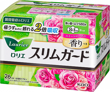 Женские гигиенические прокладки тонкие, с крылышками KAO "Laurier" Cleanguard Sweet Rose, с ароматом розы, длина: 20,5см, в упаковке 26шт.