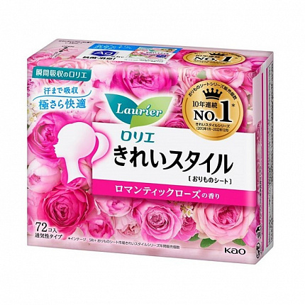 Ежедневные гигиенические прокладки KAO Laurier Beautiful Style Romantic Rose, с ароматом розы, длина 14 см, в упаковке 72 шт.