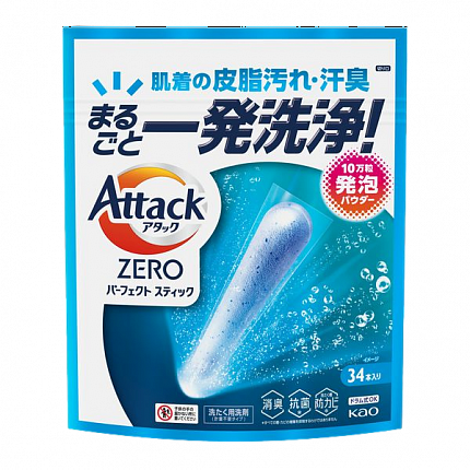 Стиральный порошок в стиках KAO Attack Zero Perfect Stick с антибактериальным эффектом, аромат свежей зелени, 34 шт.