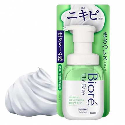 Пенка для умывания против акне KAO Biore The Face Acne Care, с антибактериальными и противовоспалительными ингредиентами, c освежающим ароматом трав, диспенсер 200мл