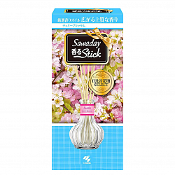 Натуральный аромадиффузор для дома KOBAYASHI Sawaday Stick Parfum Cherry Blossom, с ароматом цветущей сакуры, лимона и яблока, стеклянный флакон 70мл, 8 палочек