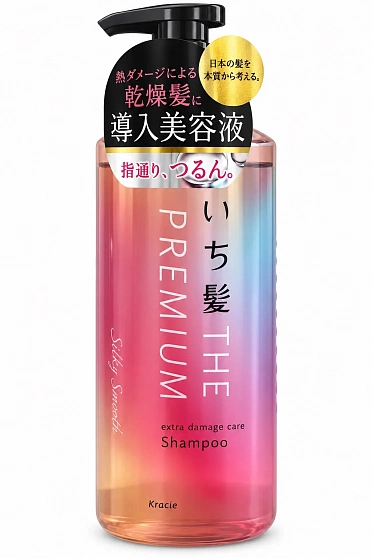 Восстанавливающий шампунь KRACIE Ichikami The Premium Silky Smooth, 480 мл -Бессульфатный шампунь Ichikami The Premium Silky Smooth с рисовыми отрубями, 480 мл 