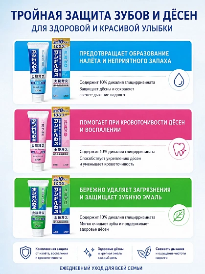 Зубная паста LION Dent Health для профилактики опущения, кровоточивости дёсен и неприятного запаха изо рта, 85 г
