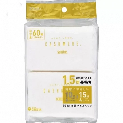 Премиальные кашемировые платочки бумажные Nepia Scottie Cashmere, двухслойные, 15 листов х 4 шт.