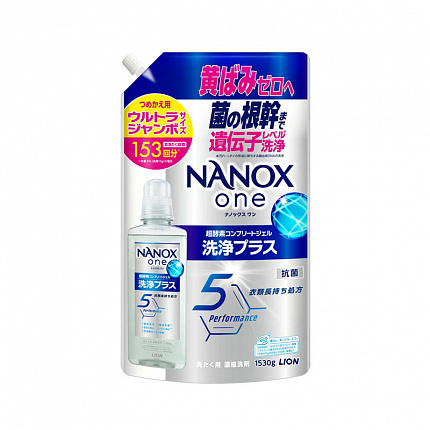 Концентрированное жидкое средство для стирки LION NANOX One Cleaning Plus с супер-энзимами против стойких загрязнений, сменная упаковка, цитрусовый аромат, 1530 г