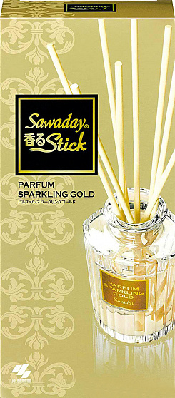 Натуральный аромадиффузор для дома KOBAYASHI Sawaday Stick Parfum Sparkling Gold, с ярким цветочно-цитрусовым ароматом и нотками жасмина и розы, стеклянный флакон 70мл, 8 палочек