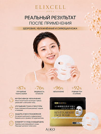Профессиональные восстанавливающие тканевые маски для лица ELIXCELL Revita Moist Face Mask, 40 шт.