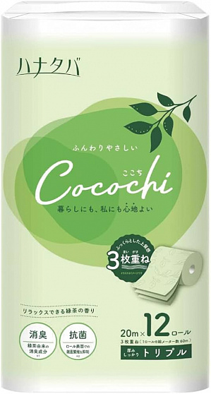 Туалетная бумага трёхслойная MARUTOMI TISSUE Hanataba Cocochi 12 Rolls Triple с антибактериальным покрытием, с ароматом зеленого чая, 12 рулонов * 20 м