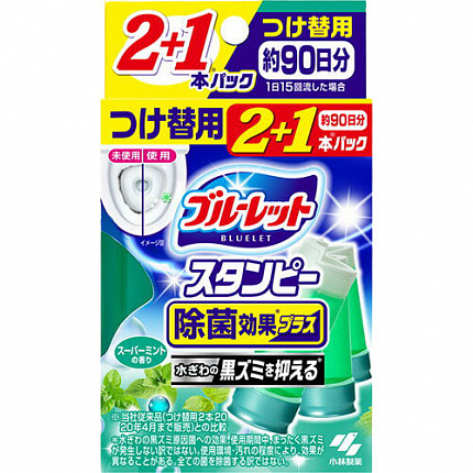 Дезодорирующий очиститель-цветок для туалетов KOBAYASHI Bluelet Stampy Super Mint, с ароматом мяты, запасной блок , 28 гр*3 шт.