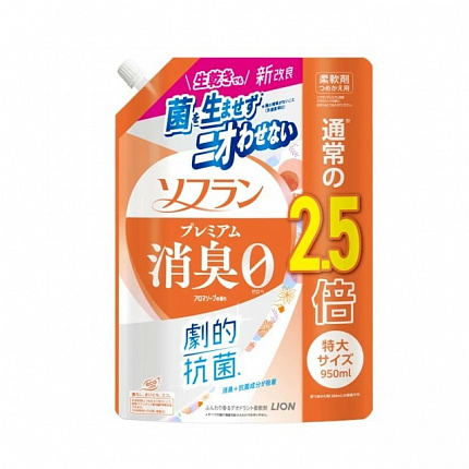 Кондиционер для белья LION Soflan Premium Aroma Soap с антибактериальным и дезодорирующим эффектом, с ароматом цветочного мыла, сменная упаковка, 950 мл
