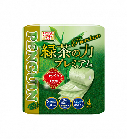 Туалетная бумага трёхслойная MARUTOMI TISSUE Penguin The Power of Green Tea Premium 4 Rolls Triple, с ароматом зеленого чая, 4 шт.