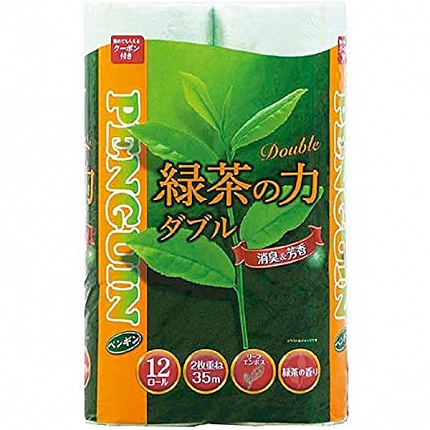 Туалетная бумага двухслойная MARUTOMI TISSUE Penguin The Power of Green Tea 12 Rolls Double, с ароматом зеленого чая, 12 рулонов * 35 м