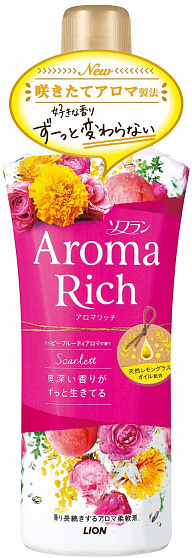 Кондиционер для белья с ароматом персика, маракуйи и мимозы LION Aroma Rich Scarlett, 520мл.